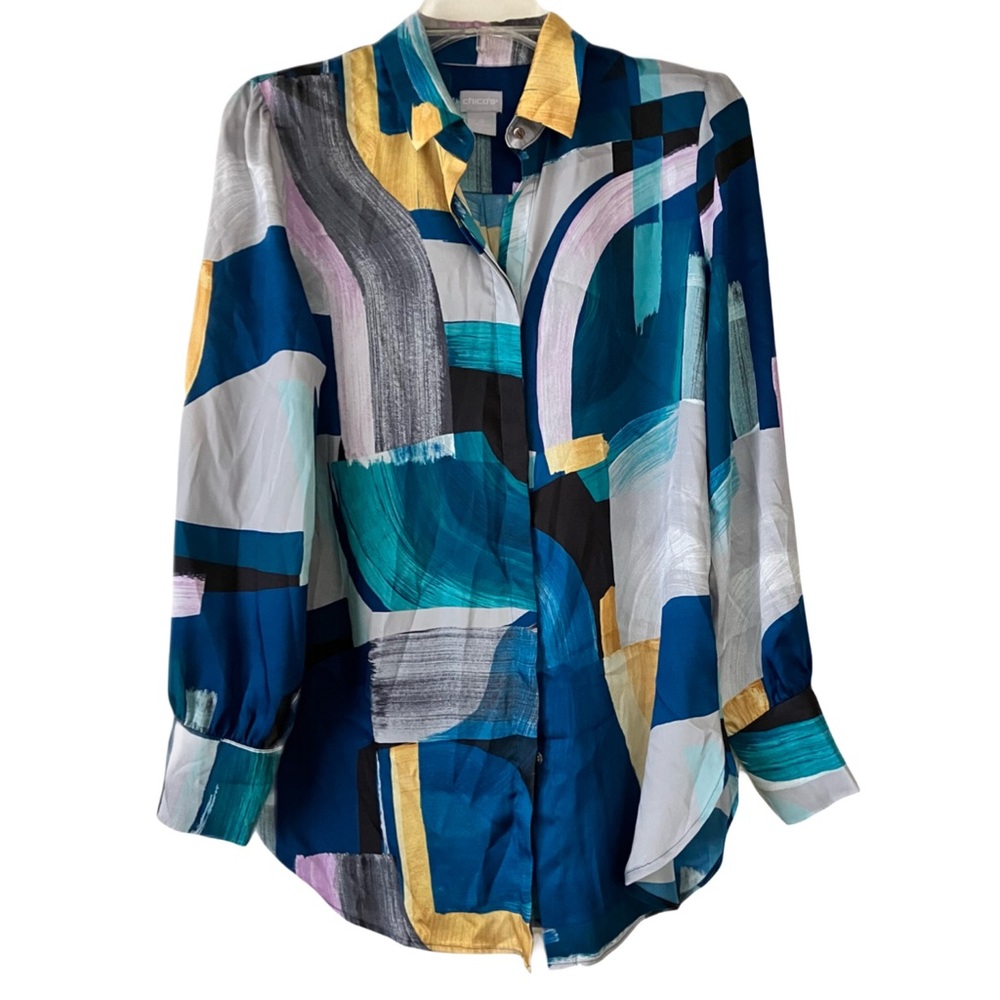 Chico’s Tunic Blouse, Sz. S, Hidden Button Front Closures, Abstract Print